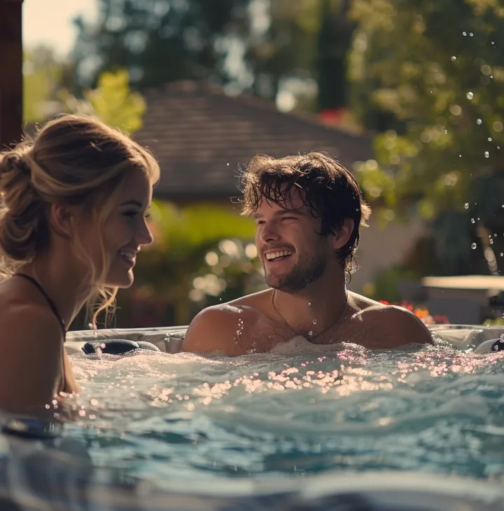 A happy couple relaxing in their hot tub | Source: Midjourney