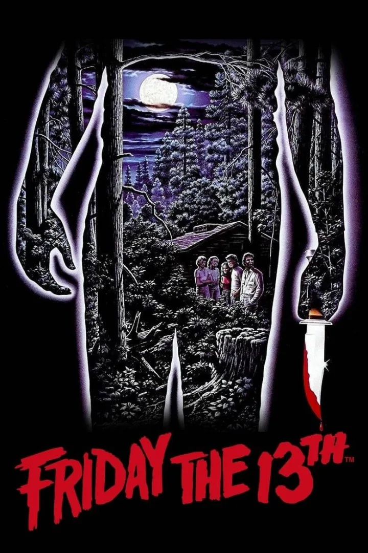 Official Friday the 13th movie poster featuring silhouette hands, forest, group of teens, and knife.