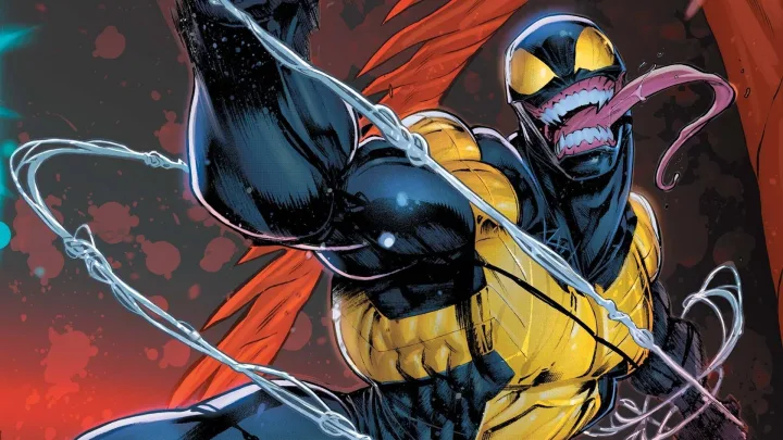 Dynamic comic art of a black-and-yellow symbiote character mid-action with tendrils on a dark red background.