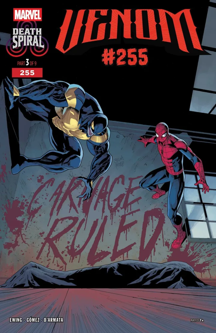 Marvel comic book cover for Venom #255 featuring Venom and Spider-Man with 'Carnage Ruled' written in blood.