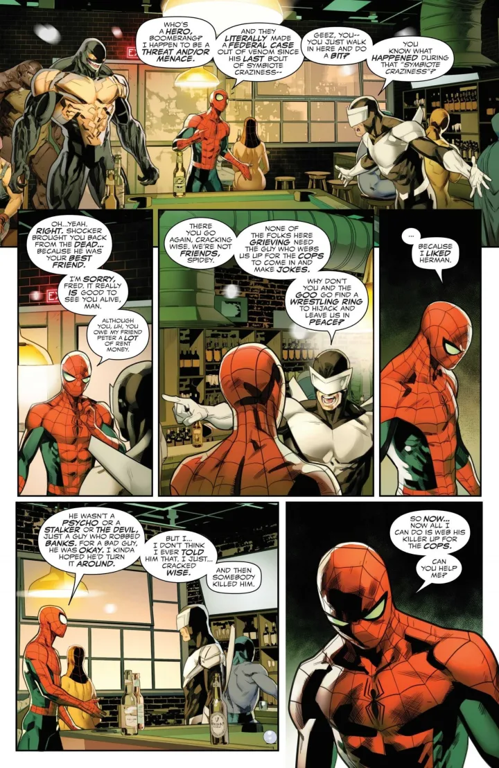 Interior comic book page showing Spider-Man in dialogue with multiple characters in a bar setting.