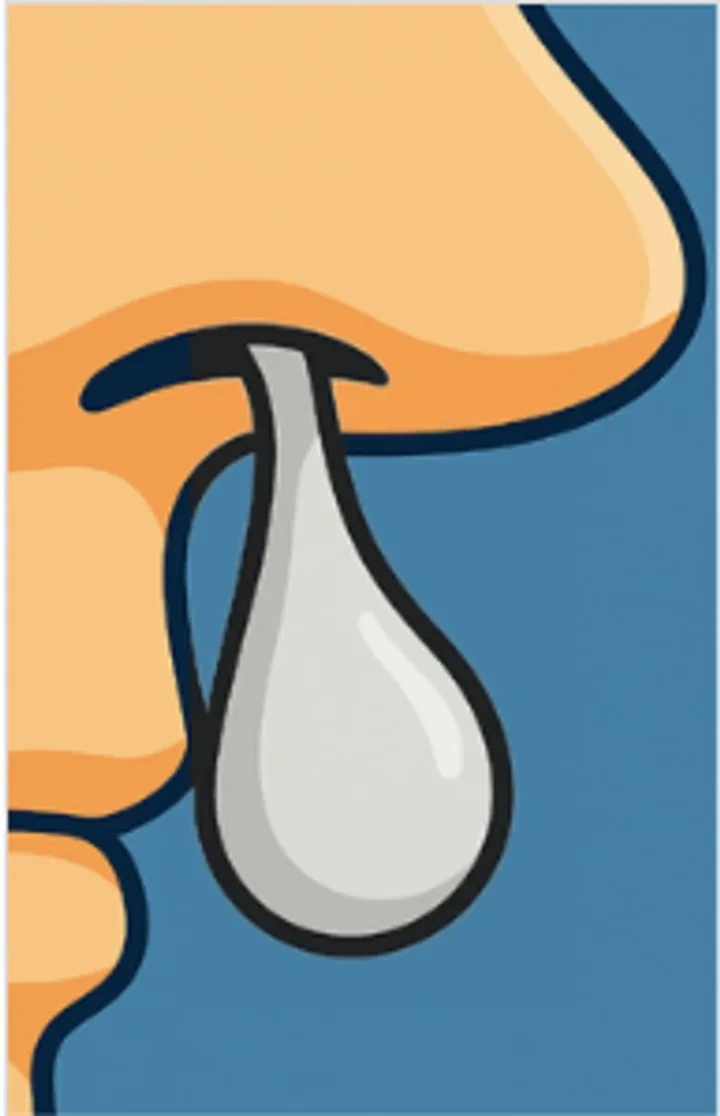 Cartoon illustration of a nose with a clear/white mucus drop dripping from it.