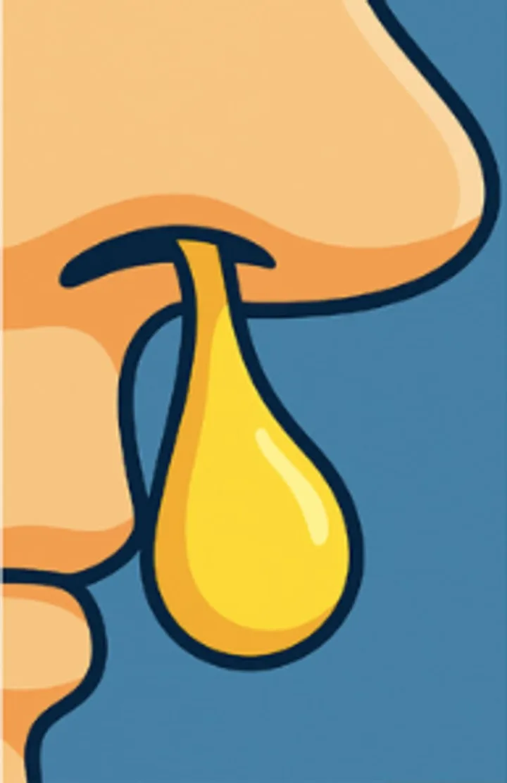 Cartoon illustration of a nose with a yellow mucus drop dripping from it.
