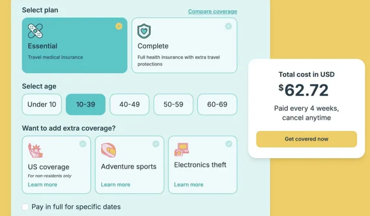 SafetyWing insurance plan selection UI showing Essential and Complete plans with pricing at $62.72.