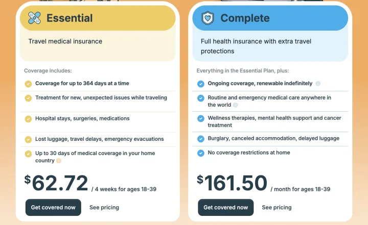 SafetyWing Essential vs Complete plan comparison showing features and pricing side by side.