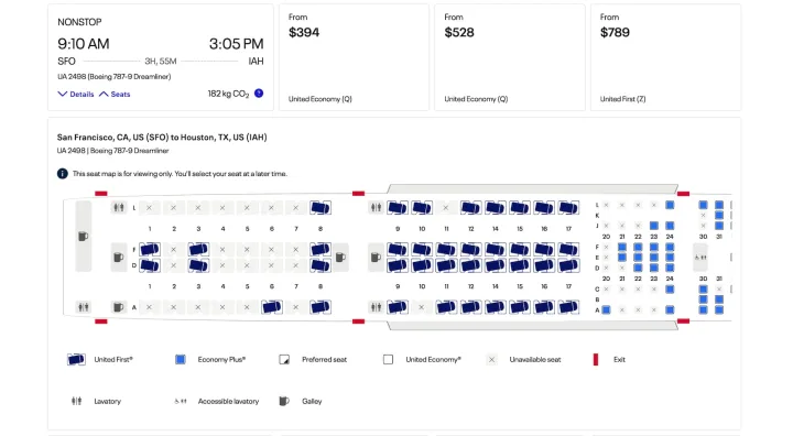 United Airlines booking screen showing SFO to IAH flight details and Boeing 787 seat map.