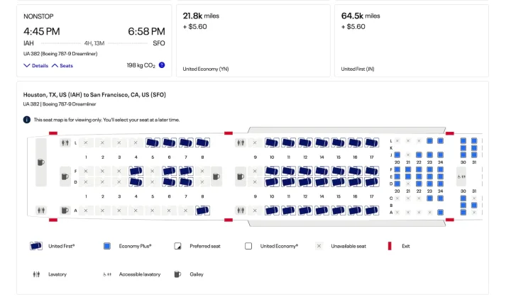 United Airlines booking screen showing IAH to SFO flight with seat map and mileage pricing options.