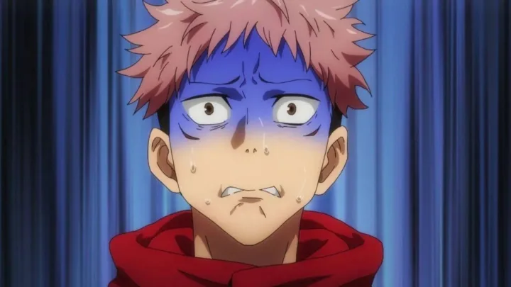 Anime boy with pink hair sweating and grimacing in fear or distress, wearing a red hoodie.