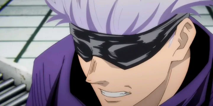 Anime character with white hair and black blindfold smirking confidently in a purple outfit.