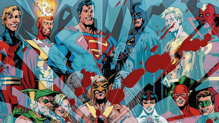 DC Comics artwork showing Superman, Batman, and a large group of heroes with dramatic blood splatter effects.
