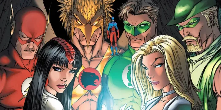 DC Comics artwork featuring The Flash, Green Lantern, Black Canary, and other Justice League heroes in a dramatic group 
