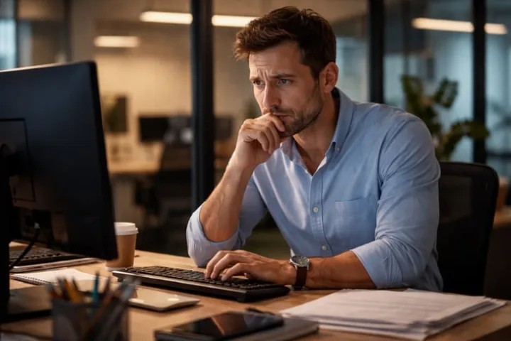 Man in blue shirt sitting at office desk at night, staring at computer screen with worried expression.