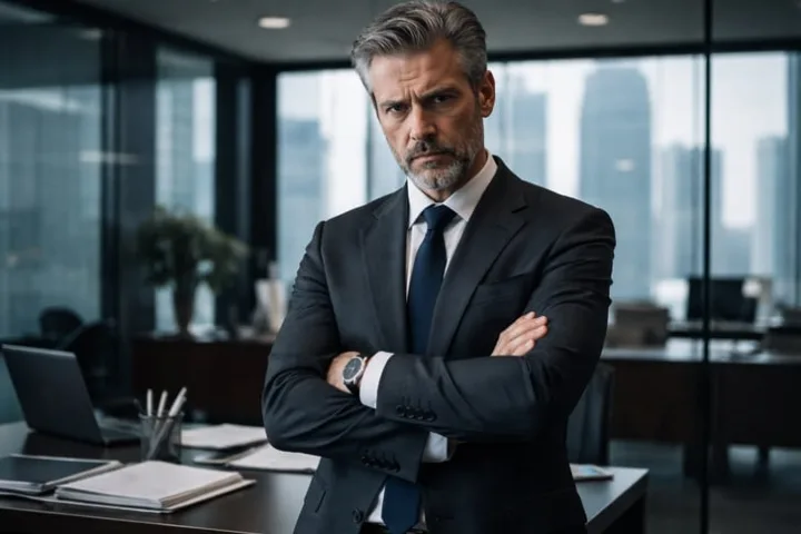 Stern older businessman in dark suit standing arms crossed in a corporate office.