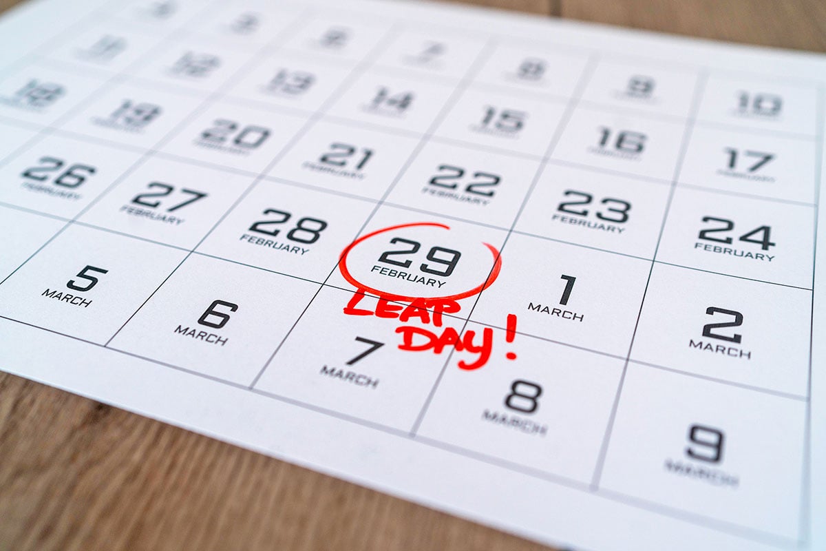 A paper calendar with February 29 circled in red and 'Leap Day!' written beneath it.